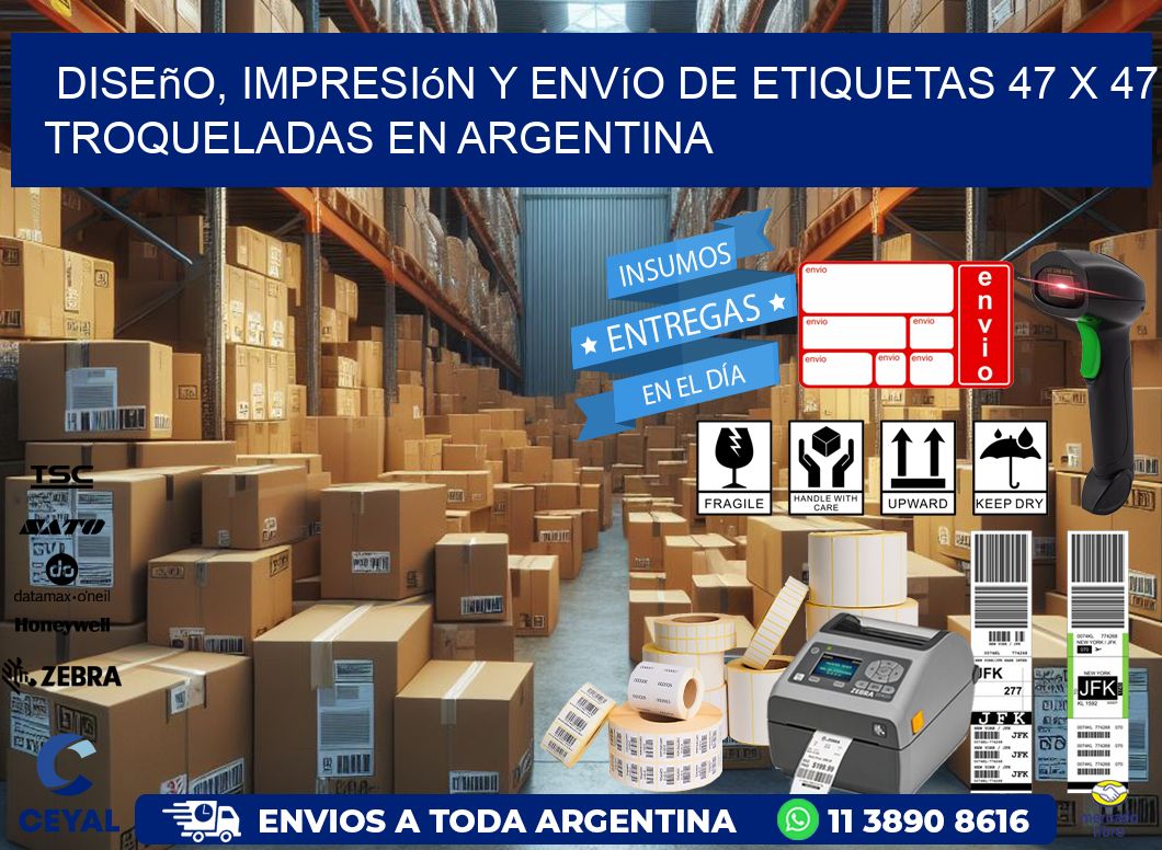 Diseño, impresión y envío de etiquetas 47 x 47 troqueladas en Argentina