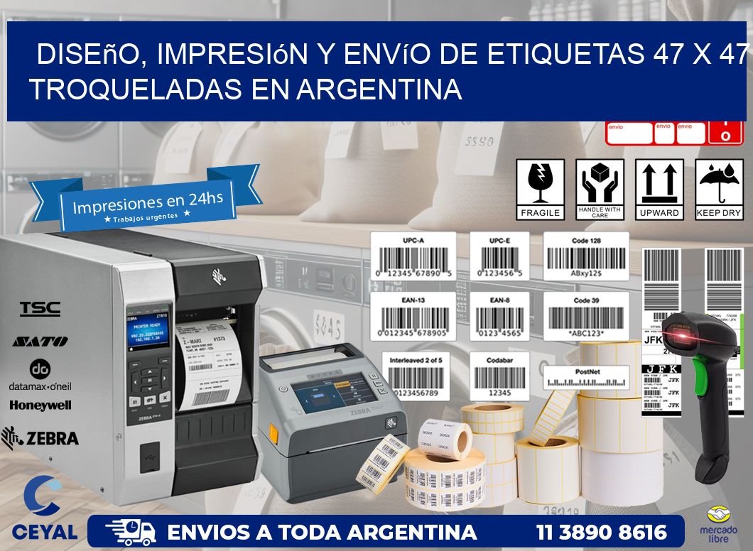 Diseño, impresión y envío de etiquetas 47 x 47 troqueladas en Argentina