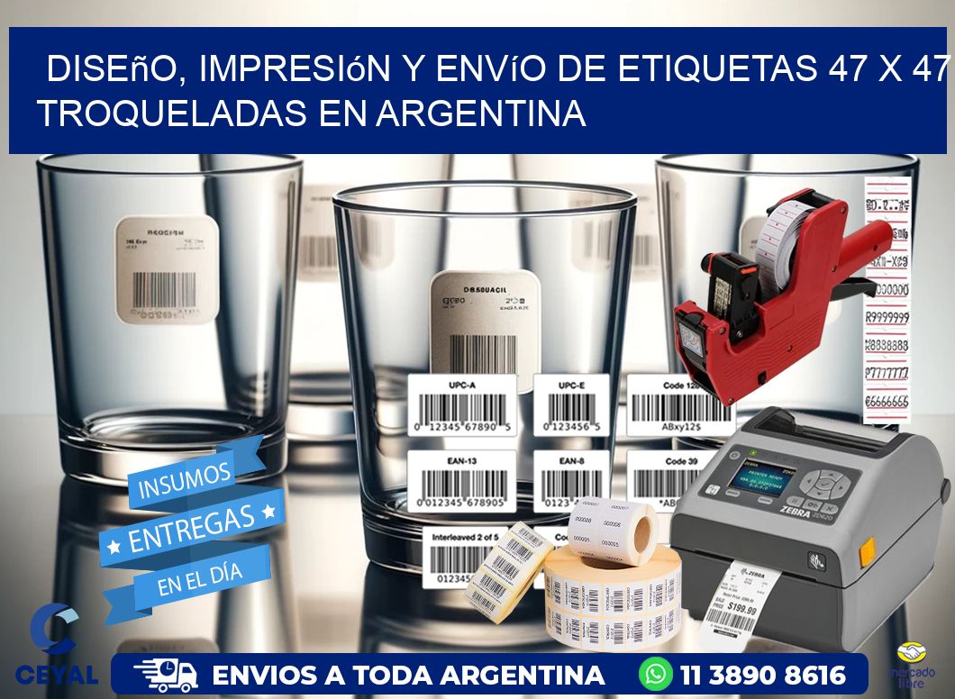 Diseño, impresión y envío de etiquetas 47 x 47 troqueladas en Argentina