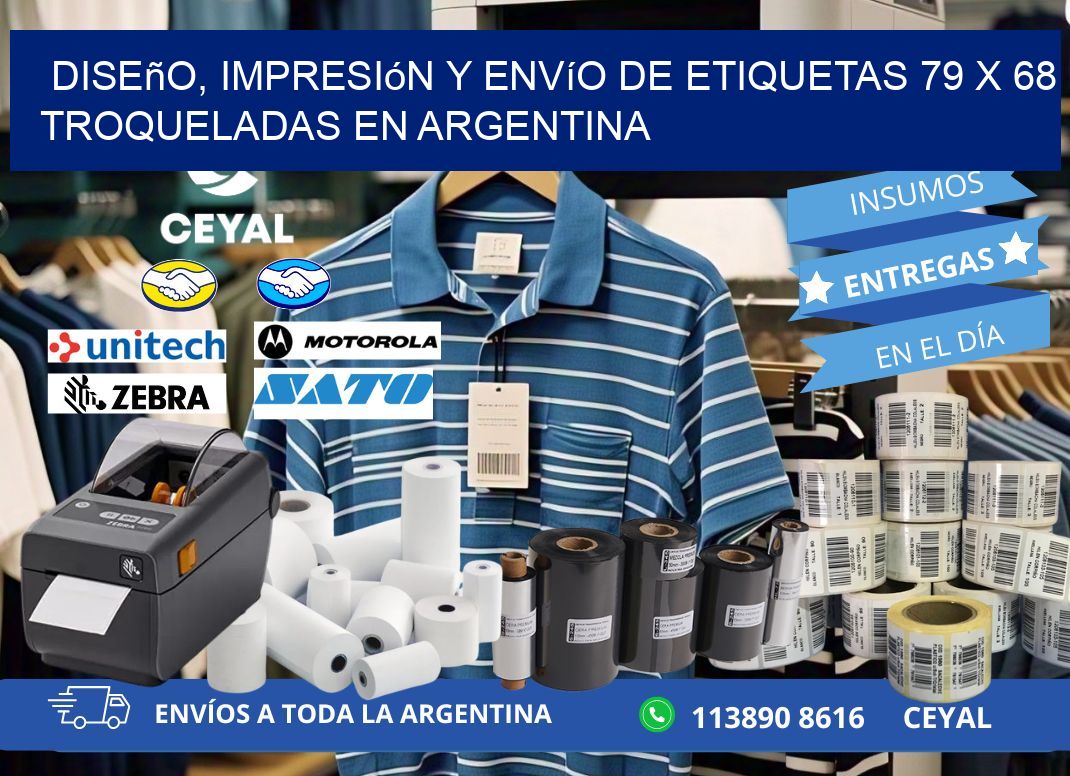 Diseño, impresión y envío de etiquetas 79 x 68 troqueladas en Argentina