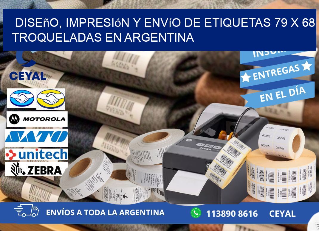 Diseño, impresión y envío de etiquetas 79 x 68 troqueladas en Argentina