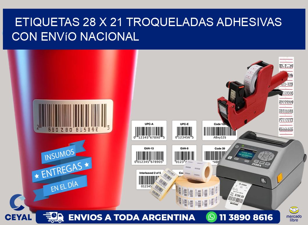 Etiquetas 28 x 21 troqueladas adhesivas con envío nacional