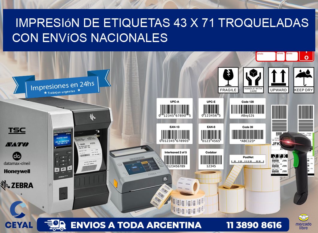 Impresión de etiquetas 43 x 71 troqueladas con envíos nacionales