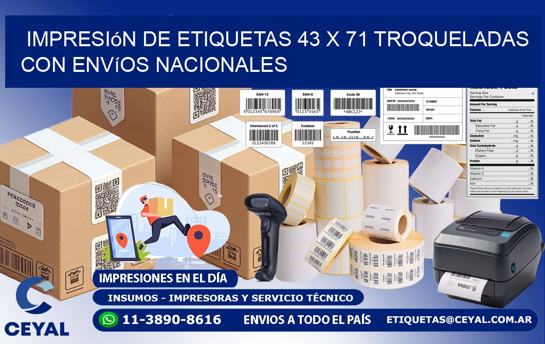 Impresión de etiquetas 43 x 71 troqueladas con envíos nacionales