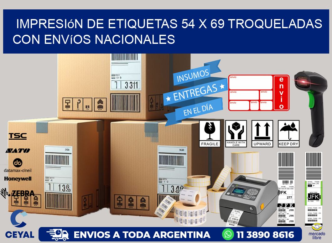 Impresión de etiquetas 54 x 69 troqueladas con envíos nacionales