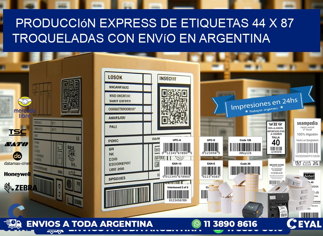 Producción express de etiquetas 44 x 87 troqueladas con envío en Argentina