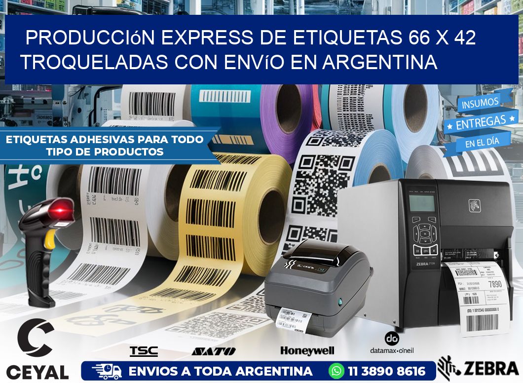 Producción express de etiquetas 66 x 42 troqueladas con envío en Argentina