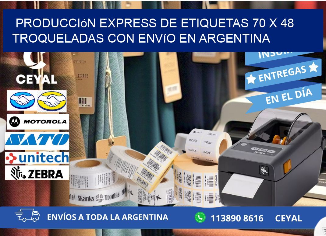 Producción express de etiquetas 70 x 48 troqueladas con envío en Argentina