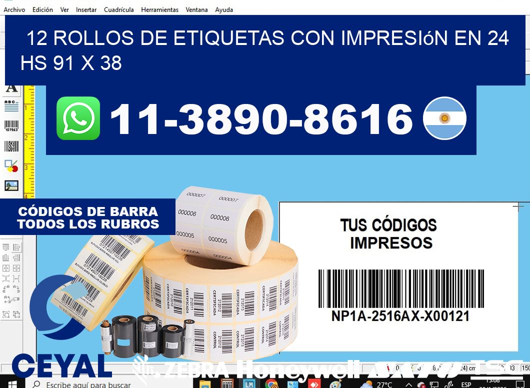 12 rollos de etiquetas con impresión en 24 hs 91 x 38