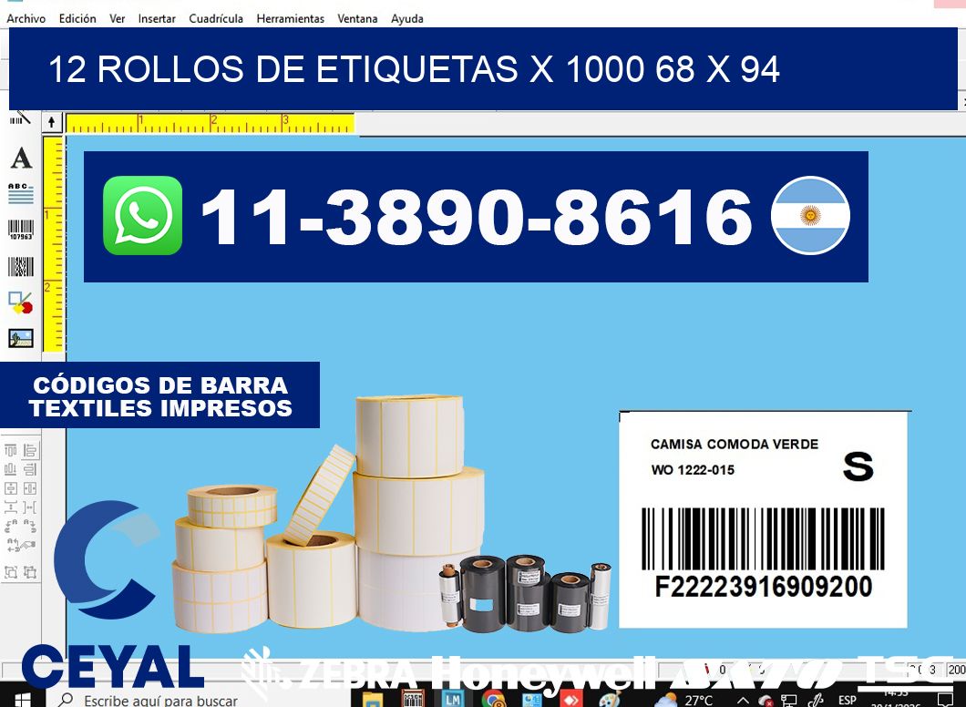 12 rollos de etiquetas x 1000 68 x 94