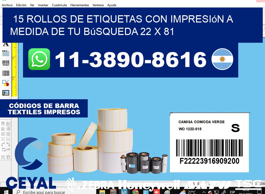 15 rollos de etiquetas con impresión a medida de tu búsqueda 22 x 81