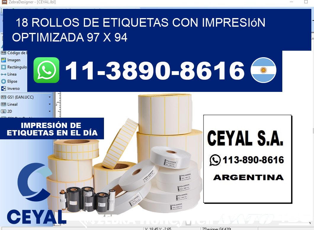 18 rollos de etiquetas con impresión optimizada 97 x 94