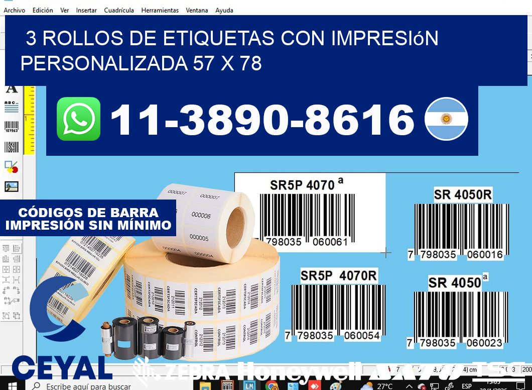 3 rollos de etiquetas con impresión personalizada 57 x 78