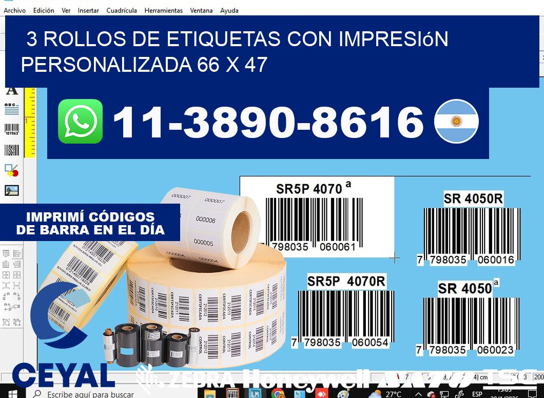 3 rollos de etiquetas con impresión personalizada 66 x 47