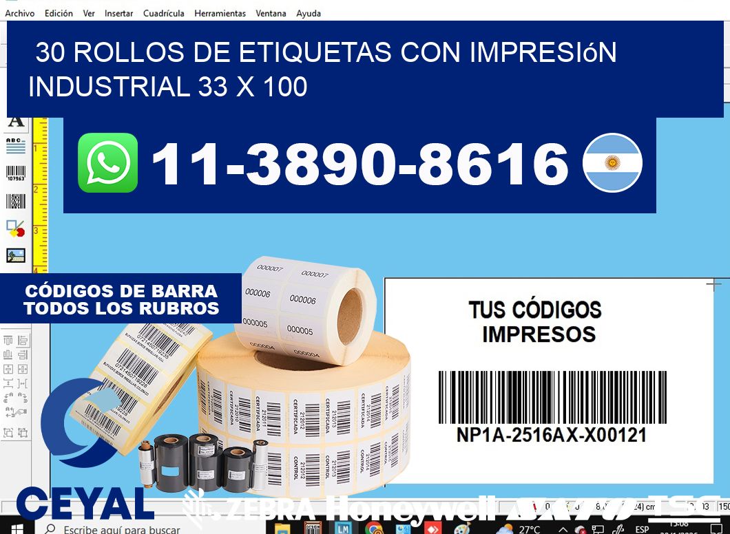 30 rollos de etiquetas con impresión industrial 33 x 100