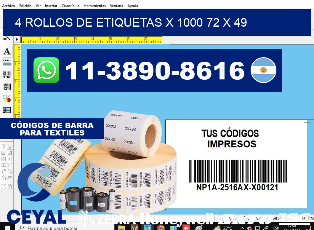 4 rollos de etiquetas x 1000 72 x 49