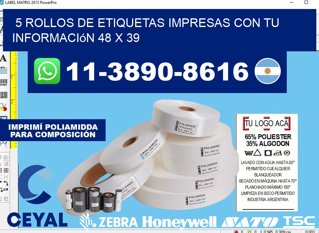 5 rollos de etiquetas impresas con tu información 48 x 39