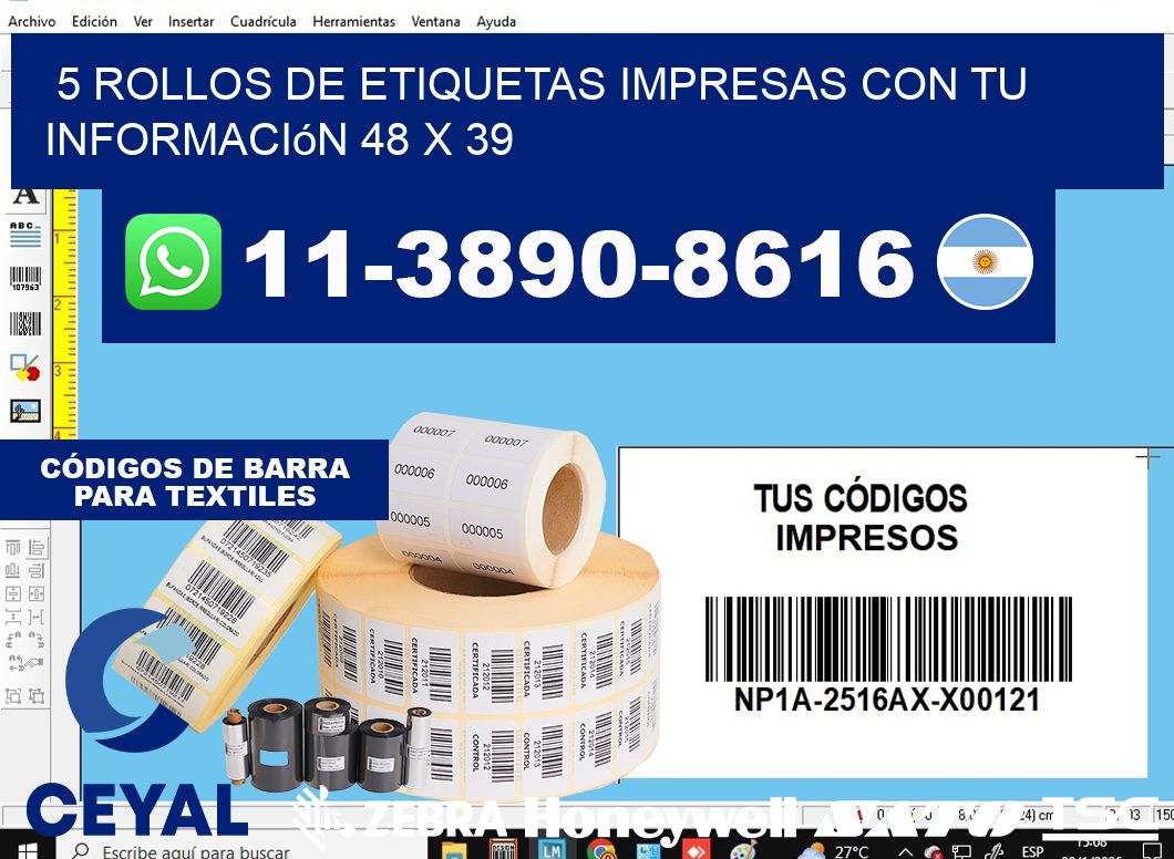 5 rollos de etiquetas impresas con tu información 48 x 39