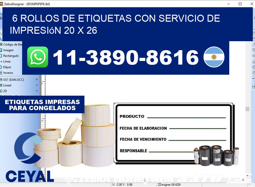 6 rollos de etiquetas con servicio de impresión 20 x 26