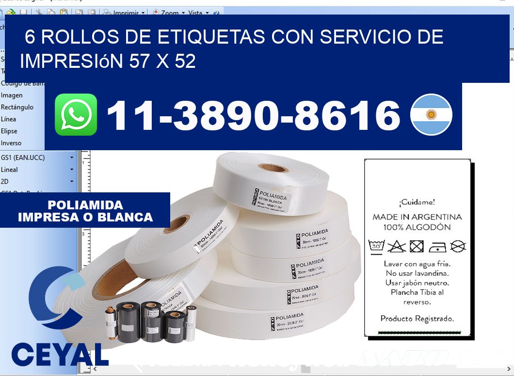 6 rollos de etiquetas con servicio de impresión 57 x 52