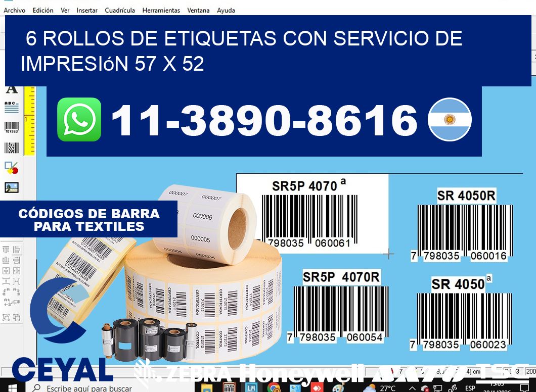 6 rollos de etiquetas con servicio de impresión 57 x 52
