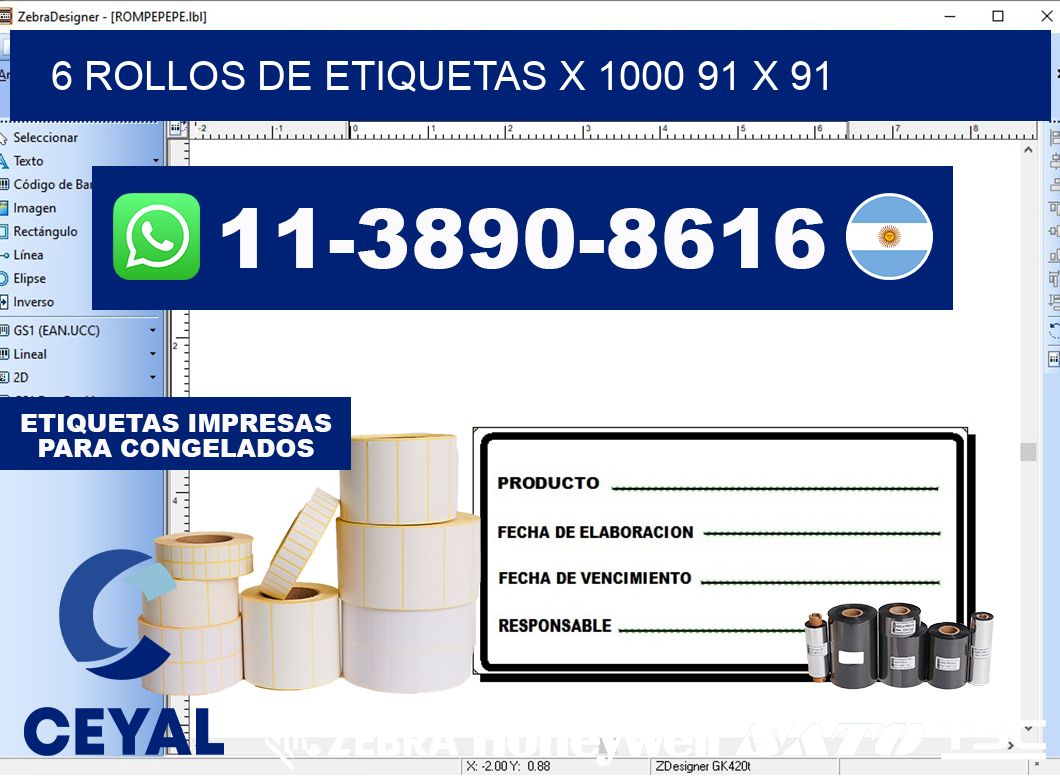 6 rollos de etiquetas x 1000 91 x 91