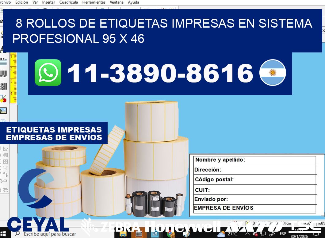 8 rollos de etiquetas impresas en sistema profesional 95 x 46