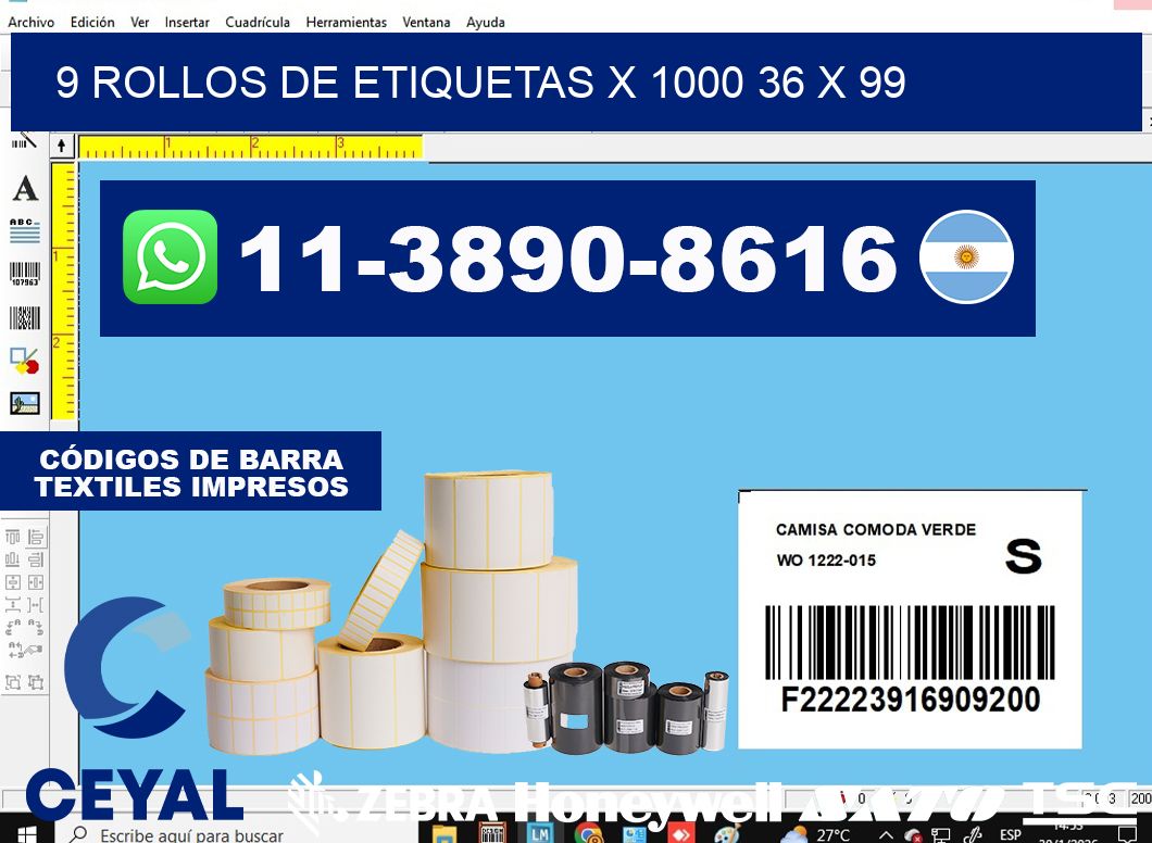 9 rollos de etiquetas x 1000 36 x 99