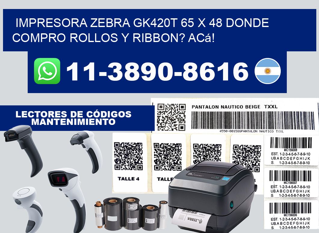 impresora zebra gk420t 65 x 48 Donde compro rollos y ribbon? Acá!
