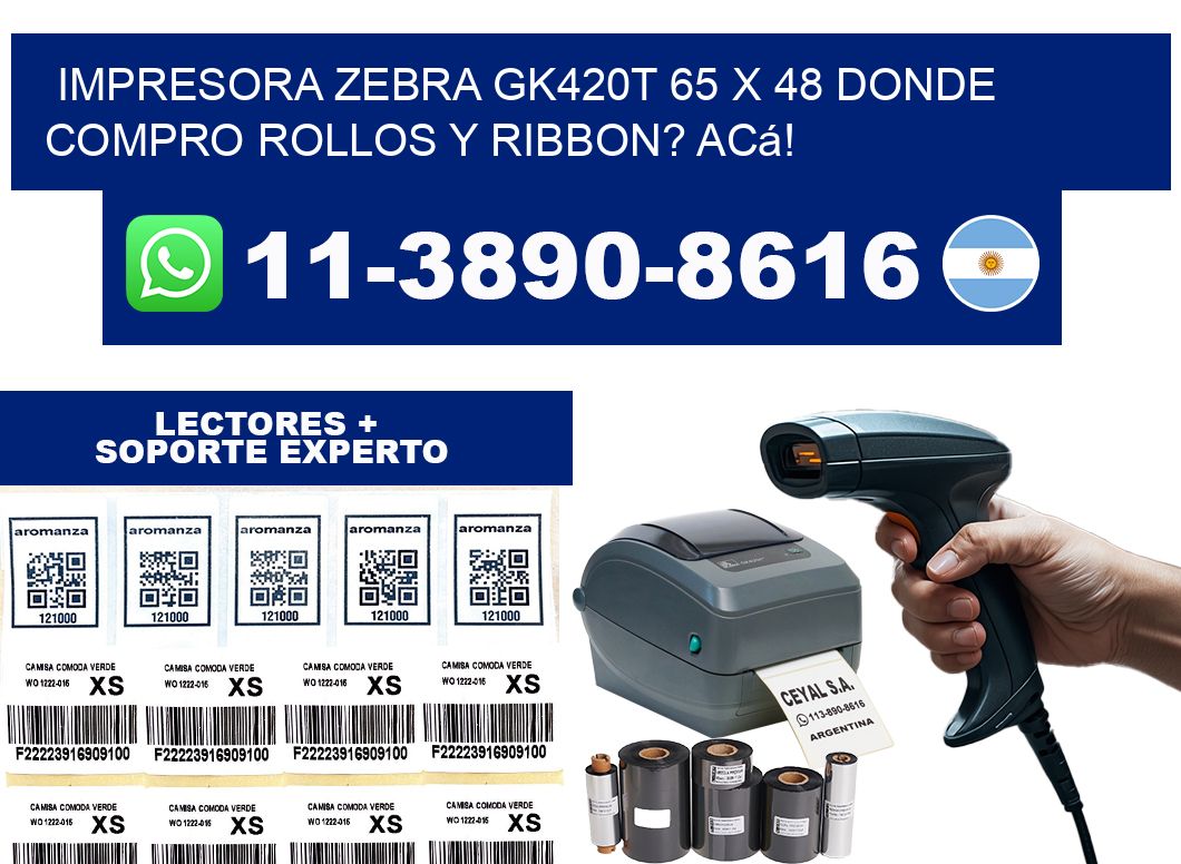 impresora zebra gk420t 65 x 48 Donde compro rollos y ribbon? Acá!