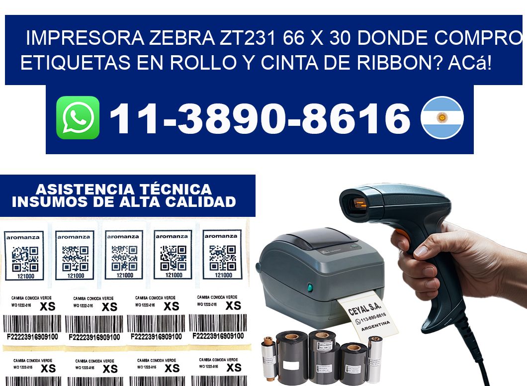impresora zebra zt231 66 x 30 Donde compro etiquetas en rollo y cinta de ribbon? Acá!