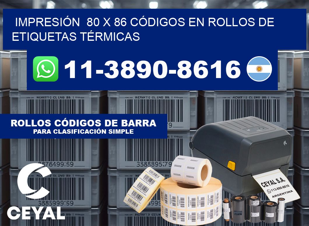 IMPRESIÓN  80 x 86 CÓDIGOS EN ROLLOS DE ETIQUETAS TÉRMICAS